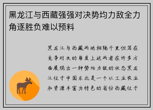 黑龙江与西藏强强对决势均力敌全力角逐胜负难以预料