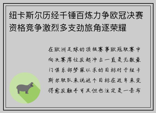 纽卡斯尔历经千锤百炼力争欧冠决赛资格竞争激烈多支劲旅角逐荣耀