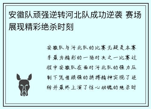 安徽队顽强逆转河北队成功逆袭 赛场展现精彩绝杀时刻