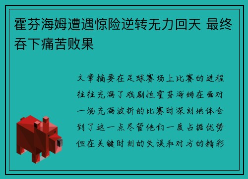 霍芬海姆遭遇惊险逆转无力回天 最终吞下痛苦败果