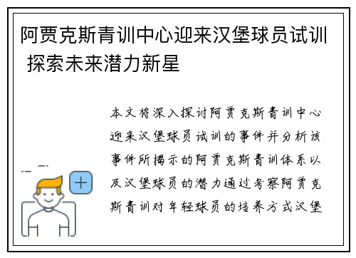 阿贾克斯青训中心迎来汉堡球员试训 探索未来潜力新星