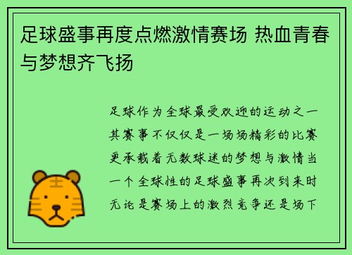 足球盛事再度点燃激情赛场 热血青春与梦想齐飞扬