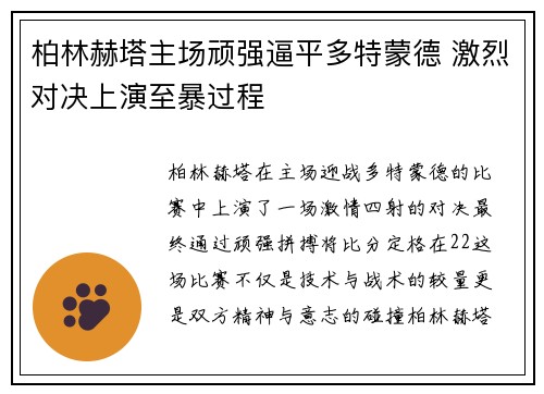 柏林赫塔主场顽强逼平多特蒙德 激烈对决上演至暴过程