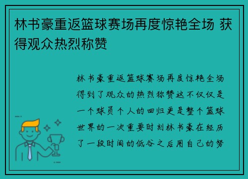 林书豪重返篮球赛场再度惊艳全场 获得观众热烈称赞