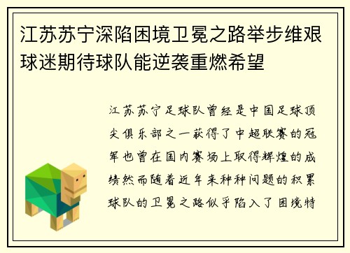 江苏苏宁深陷困境卫冕之路举步维艰球迷期待球队能逆袭重燃希望