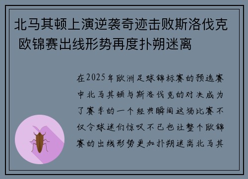 北马其顿上演逆袭奇迹击败斯洛伐克 欧锦赛出线形势再度扑朔迷离