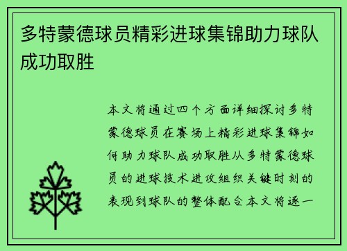 多特蒙德球员精彩进球集锦助力球队成功取胜