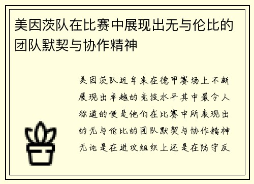 美因茨队在比赛中展现出无与伦比的团队默契与协作精神