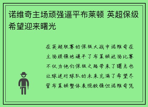 诺维奇主场顽强逼平布莱顿 英超保级希望迎来曙光