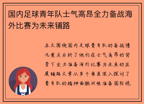国内足球青年队士气高昂全力备战海外比赛为未来铺路